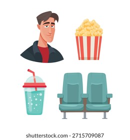 Conjunto de películas. Clipart de Vector plano, ilustración con fondo aislado.