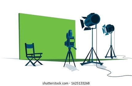 Película con pantalla verde, cámara, luces y la silla del director.