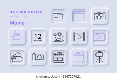 Movie set icon. Camera, clapperboard, image, film reel, play button, recording, multimedia, digital content, production, video editing, creativity, cinema, entertainment, filmmaking