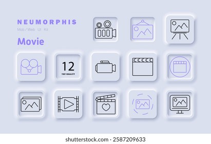 Movie set icon. Camera, film reel, image projection, clapperboard, play button, recording, video production, multimedia, cinema, entertainment, filmmaking, digital media, streaming, creativity