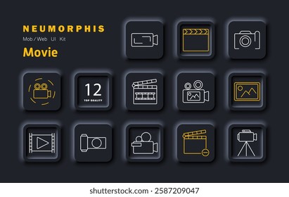 Movie set icon. Camera, recording, filmmaking, clapperboard, photography, directing, video production, editing, cinematography, storytelling