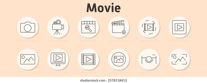 Movie set icon. Camera, video recorder, clapperboard add, play circle, play button, monitor, filmstrip, photo gallery, zoom lens, snapshot, image, frame focus.