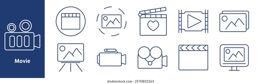 Movie set icon. Film camera, clapperboard, photo frame, play film, favorite movie, gallery, tripod screen, handheld camcorder, reel camera, photo monitor