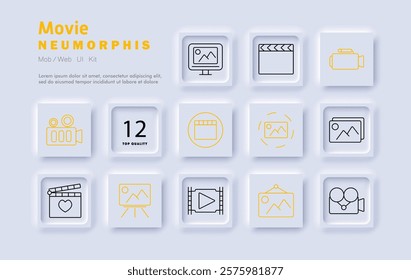 Movie set icon. Film camera, screen, clapperboard, video camera, director's board, image gallery, presentation, editing, filmmaking, recording, scene, production