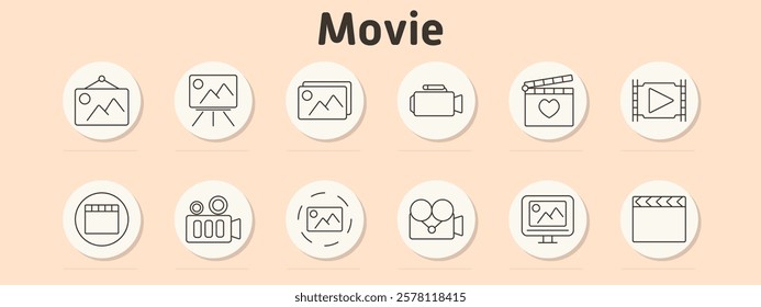 Movie set icon. Frame, presentation, photo stack, video camera, clapperboard, film strip, play button, cinema camera, reel, photo, monitor, clapperboard outline.