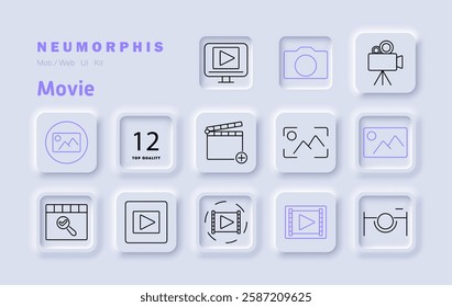 Movie set icon. Play button, camera, film clapper, image preview, multimedia, digital media, content creation, filmmaking, video editing, streaming, recording, creativity, production