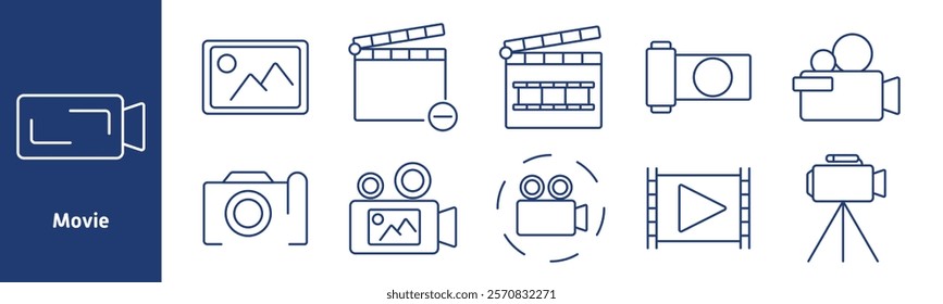 Movie set icon. Video camera, photo frame, clapperboard, film roll, movie recorder, scene shot, play film, camera tripod, filmmaking