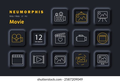 Movie set icon. Video camera, clapperboard, film reel, photography, digital screen, editing, directing, motion picture, cinematography, media production