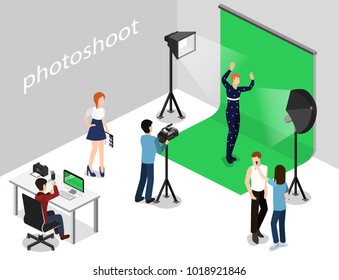 Movie set, photoshoot with staff and actors isometric 3D vector illustration