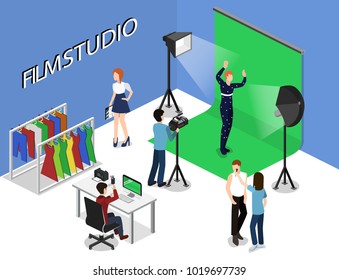 Movie set, photoshoot with staff and actors isometric 3D vector illustration