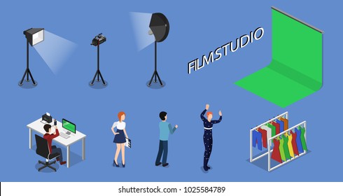 Movie Set, Photoshoot With Staff And Actors Isometric 3D Vector Illustration