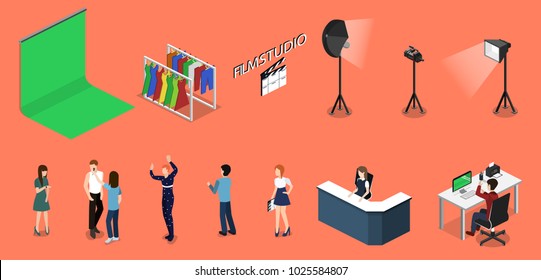 Movie Set, Photoshoot With Staff And Actors Isometric 3D Vector Illustration