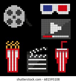 Movie set of pixel icons. Design elements