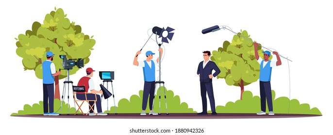 Movie set semi flat RGB color vector illustration. Filming process. Good teamwork. Director with his team members. Professional equipment. Star actor isolated cartoon character on white background