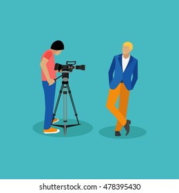 Movie shooting concept vector banners in flat style. Actor poses for camera man. Cinema design elements and icons.
