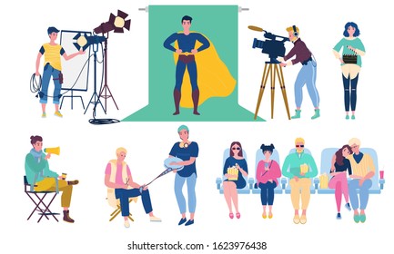 Movie shooting and production process vector illustration. Superhero movie making, cartoon characters in stages of film production, from shooting in studio to premiere in cinema. Creation of film