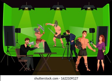 Movie shooting team and ancient romans warrior actors. Producer, assistant, cameraman, artists on stage with decorations. Film studio building interior. Vector cartoon flat illustration