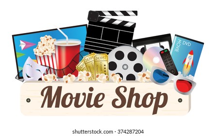 Movie shop wood board with pop corn film cd disc dvd movie box smart television film remote ticket emotion mask 3d glasses