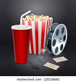 Movie showing with Popcorn, film reel and drinks. vector