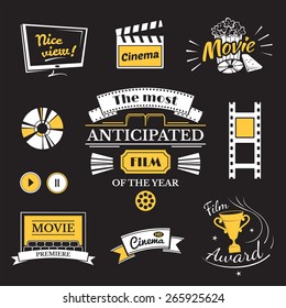 Movie signs set, cinema logos and film labels on black background