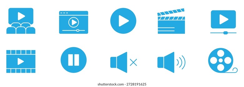 Movie solid blue icon set. Video solid blue icon set. Cinema and movie symbol. Video play button and film clapperboard icon set for cinema movie production and media design.