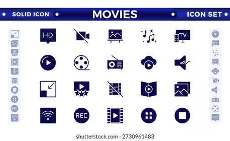 Conjunto de iconos sólidos de película. Colección de iconos de entretenimiento y artes. Video Contiene iconos tales como teatro, cine, teatro, danza, juego, artes musicales, foto y más. Conjunto de iconos sólidos de cine, película. 
