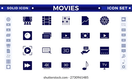 Conjunto de iconos sólidos de película. Colección de iconos de entretenimiento y artes. Video Contiene iconos tales como teatro, cine, teatro, danza, juego, artes musicales, foto y más. Conjunto de iconos sólidos de cine, película. 
