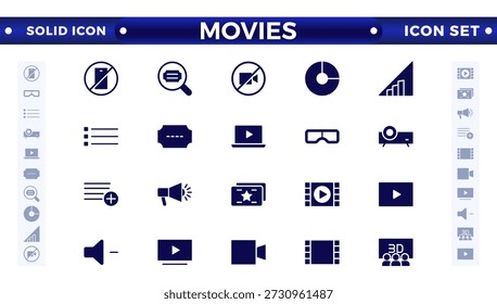 Conjunto de iconos sólidos de película. Colección de iconos de entretenimiento y artes. Video Contiene iconos tales como teatro, cine, teatro, danza, juego, artes musicales, foto y más. Conjunto de iconos sólidos de cine, película. 
