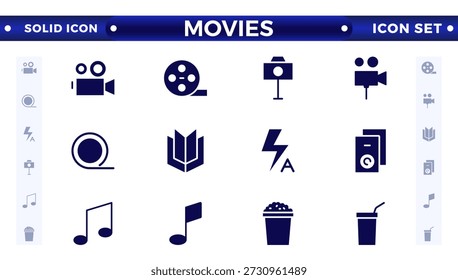 Conjunto de ícones sólidos do filme. Coleção de ícones de entretenimento e artes. Contém ícones como teatro, cinema, vídeo, dança, jogo, artes musicais, foto e muito mais. Cinema, Filme conjunto de ícones sólidos. 
