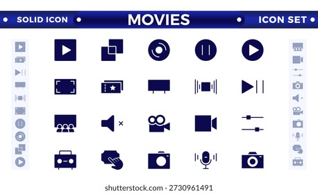 Conjunto de iconos sólidos de película. Colección de iconos de entretenimiento y artes. Video Contiene iconos tales como teatro, cine, teatro, danza, juego, artes musicales, foto y más. Conjunto de iconos sólidos de cine, película. 

