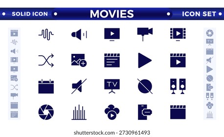 Conjunto de iconos sólidos de película. Colección de iconos de entretenimiento y artes. Video Contiene iconos tales como teatro, cine, teatro, danza, juego, artes musicales, foto y más. Conjunto de iconos sólidos de cine, película. 
