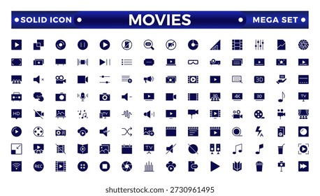 Conjunto de iconos sólidos de película. Colección de iconos de entretenimiento y artes. Video Contiene iconos tales como teatro, cine, teatro, danza, juego, artes musicales, foto y más. Conjunto de iconos sólidos de cine, película. 
