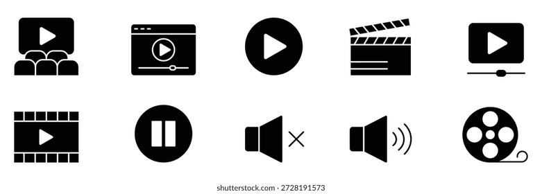 Movie solid icon set. Video solid icon set. Cinema and movie symbol. Video play button and film clapperboard icon set for cinema movie production and media design.