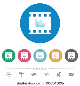 Movie sounds flat white icons on round color backgrounds. 6 bonus icons included.