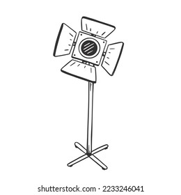 Movie spotlight doodle. Movie light, photography reflector isolated doodle drawing element. Vector illustration