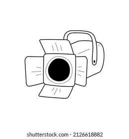 Movie spotlight doodle line icon. Movie light, photography reflector isolated doodle drawing element. Vector illustration