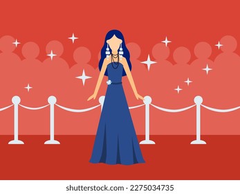 movie star with long sleeveless blue dress posing in front of paparazzi on red carpet. movie premiere vector illustration for website, poster, and banner