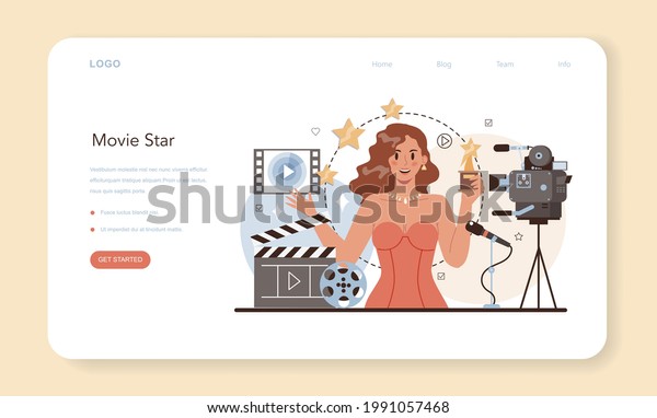 Movie star web banner or\
landing page. Actor and actress concept or movie production cast\
member. Acting performance in front of audience or camera. Vector\
flat illustration