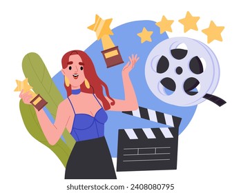 Movie star woman concept. Trendy young girl with clapperboard and golden statue. Famous actress with awards and rewards. Film industry and series production. Cartoon flat vector illustration