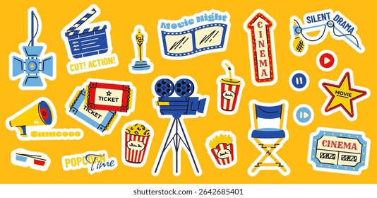 Adesivos de filmes. Elementos de cinema de desenhos animados com fita de filme popcorn câmera cinema cadeira clapperboard, adesivos de cinematografia para o seu design. Conjunto isolado do vetor.