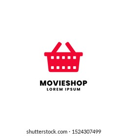 Movie store logo design. Film strip with trolley basket vector illustration symbol for buy movie rent market store graphic template.