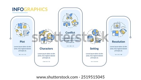 Movie story elements rectangle infographic vector. Cinematography, characters plot. Data visualization with 5 steps. Editable rectangular options chart