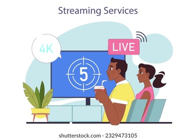 Movie streaming platform. Couple watching film at home with digital online theatre. Television multimedia service broadcasting a video. Flat vector illustration