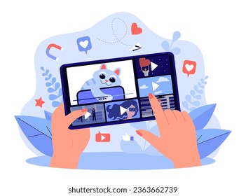 Movie streaming platform on screen vector illustration. Hands holding smartphone or tablet with variety of videos and shows, choosing media online. Streaming revolution, entertainment concept