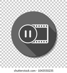 movie strip with pause symbol in circle. simple silhouette. White flat icon with long shadow in circle on transparent background