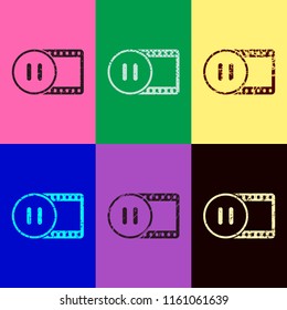 movie strip with pause symbol in circle. simple silhouette. Pop art style. Scratched icons on 6 colour backgrounds. Seamless pattern
