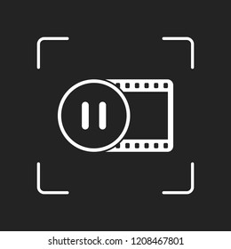 movie strip with pause symbol in circle. simple silhouette. White object in camera autofocus on dark background