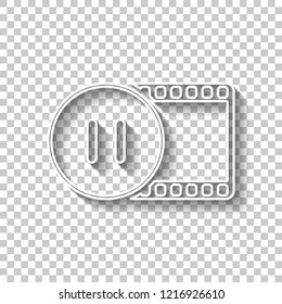 movie strip with pause symbol in circle. simple silhouette. White outline sign with shadow on transparent background