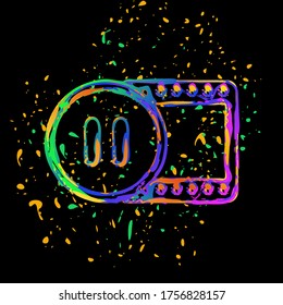 movie strip with pause symbol in circle. simple silhouette. Colored ink with splashes on black background