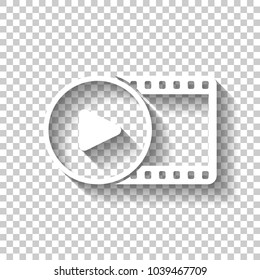 movie strip with play symbol in circle. simple silhouette. White icon with shadow on transparent background